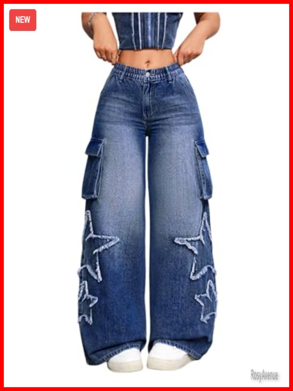 SHENHE Women's Low Waisted Wide Leg Cargo Jeans Star Denim Pants Loose Baggy